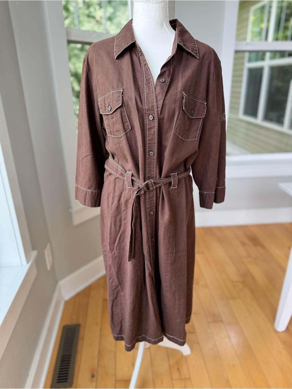 Vintage 90’s Merona Brown Linen Cotton Long Sleeve Tie Waist Shirt Dress XL